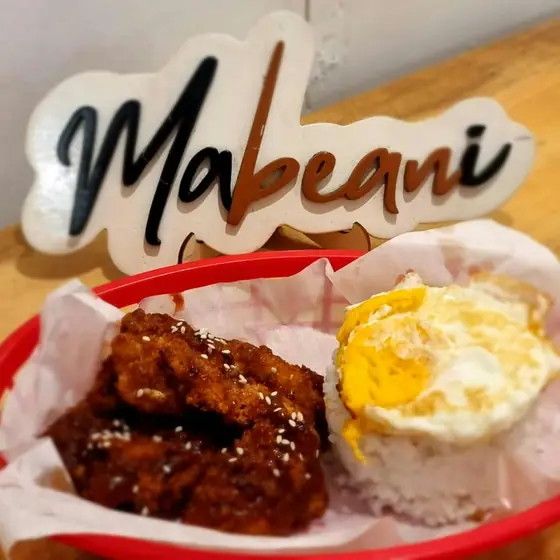 Glazed chicken with rice and fried egg
